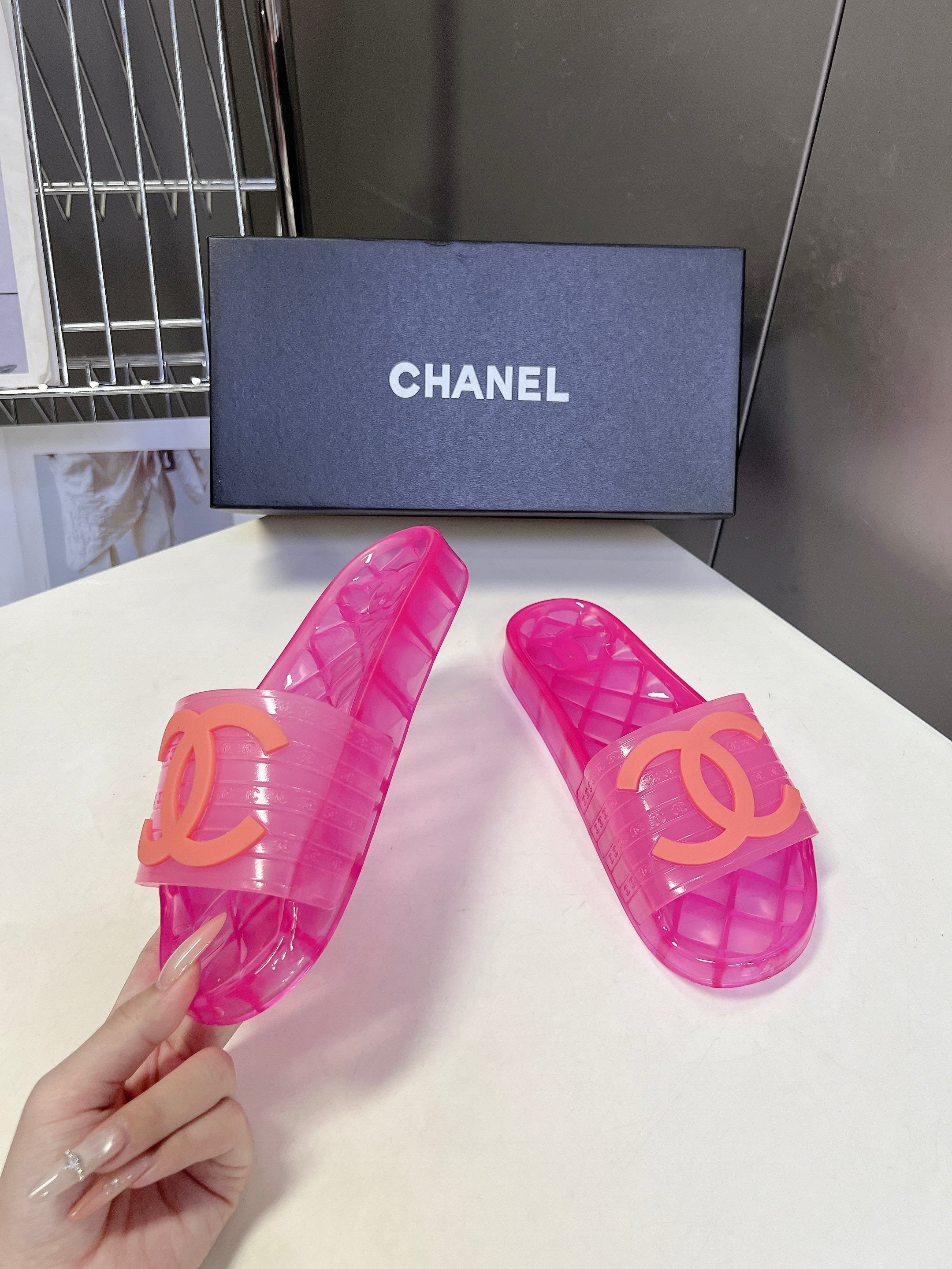 CHANEL 26S SLIDES IN DARK PINK PVC