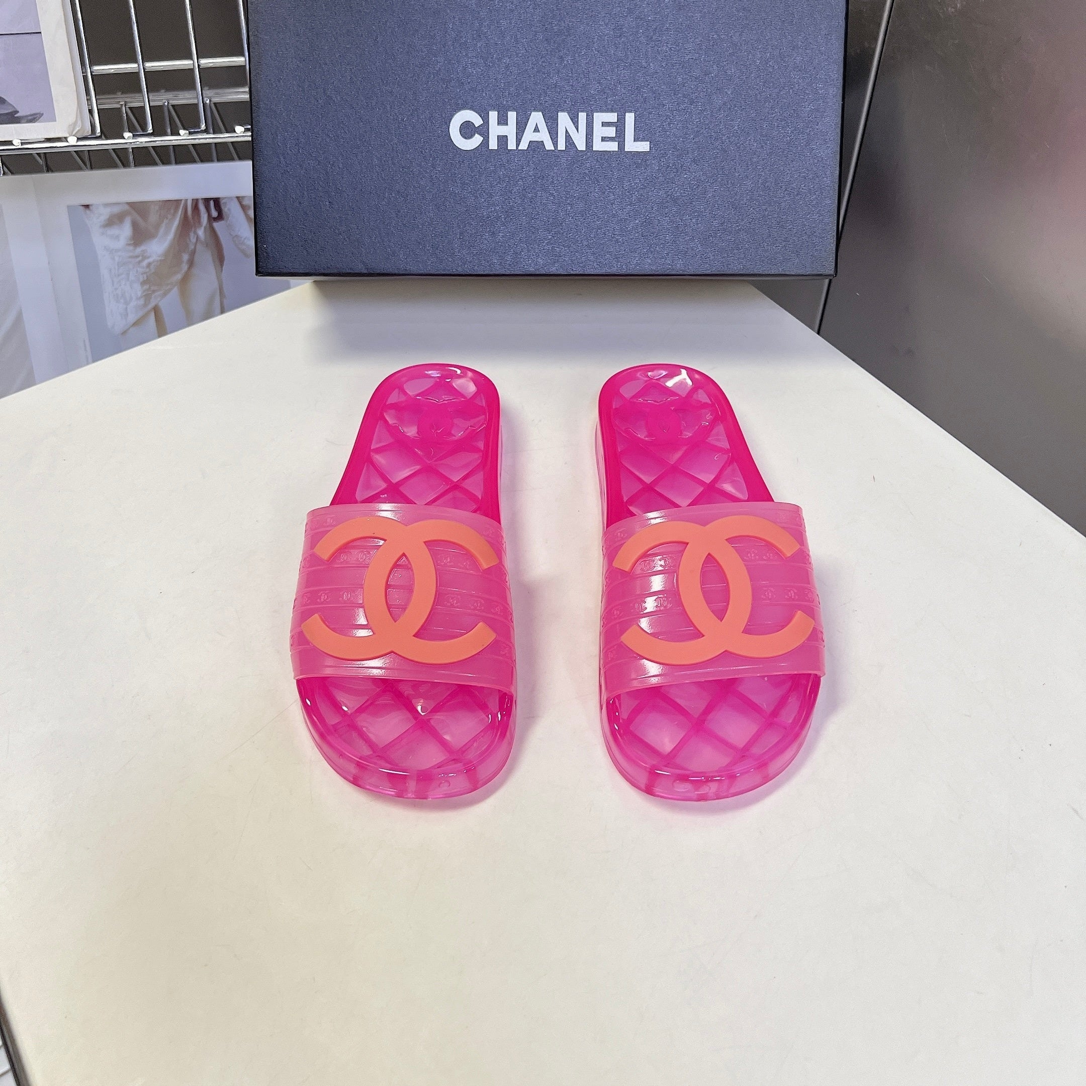 CHANEL 26S SLIDES IN DARK PINK PVC
