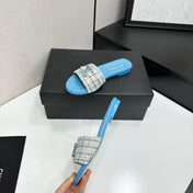 CHANEL 26S SANDALS IN BLUE LAMBSKIN AND WHITE TWEED