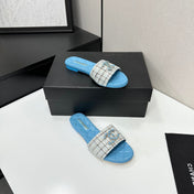CHANEL 26S SANDALS IN BLUE LAMBSKIN AND WHITE TWEED