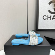 CHANEL 26S SANDALS IN BLUE LAMBSKIN AND WHITE TWEED