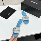 CHANEL 26S SANDALS IN BLUE LAMBSKIN AND WHITE TWEED