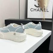 CHANEL 26S CHUNKY SNEAKERS IN LIGHT BLUE CHECKERED WOVEN FABRIC