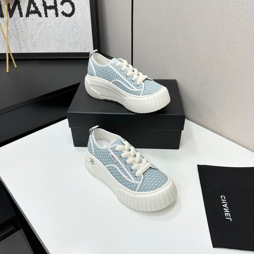 CHANEL 26S CHUNKY SNEAKERS IN LIGHT BLUE CHECKERED WOVEN FABRIC