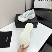 CHANEL 26S CHUNKY SNEAKERS IN LIGHT BLUE CHECKERED WOVEN FABRIC