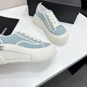 CHANEL 26S CHUNKY SNEAKERS IN LIGHT BLUE CHECKERED WOVEN FABRIC