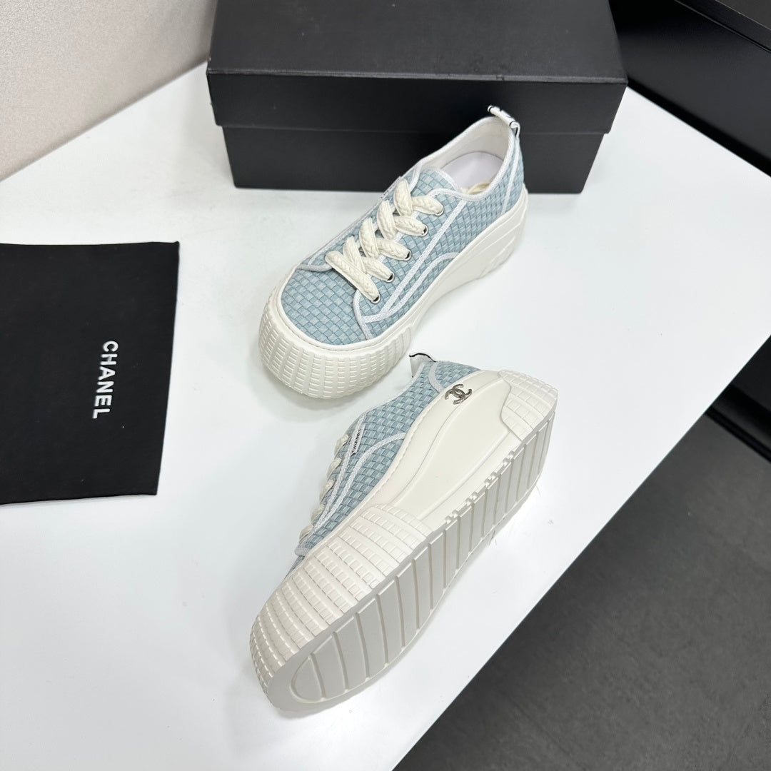 CHANEL 26S CHUNKY SNEAKERS IN LIGHT BLUE CHECKERED WOVEN FABRIC