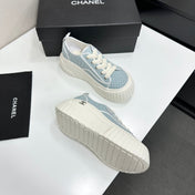 CHANEL 26S CHUNKY SNEAKERS IN LIGHT BLUE CHECKERED WOVEN FABRIC