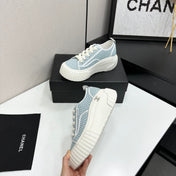 CHANEL 26S CHUNKY SNEAKERS IN LIGHT BLUE CHECKERED WOVEN FABRIC