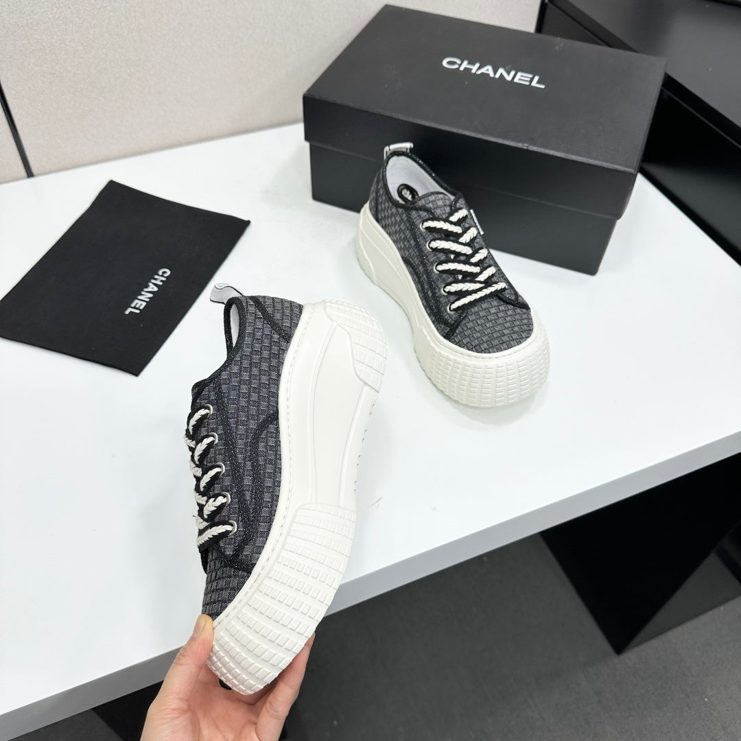 CHANEL 26S CHUNKY SNEAKERS IN BLACK CHECKERED WOVEN FABRIC