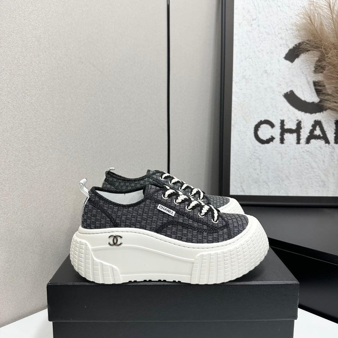 CHANEL 26S CHUNKY SNEAKERS IN BLACK CHECKERED WOVEN FABRIC