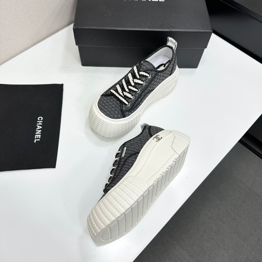 CHANEL 26S CHUNKY SNEAKERS IN BLACK CHECKERED WOVEN FABRIC