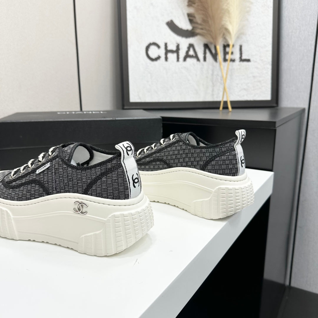 CHANEL 26S CHUNKY SNEAKERS IN BLACK CHECKERED WOVEN FABRIC