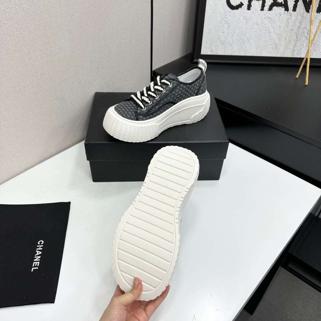 CHANEL 26S CHUNKY SNEAKERS IN BLACK CHECKERED WOVEN FABRIC