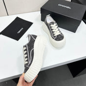 CHANEL 26S CHUNKY SNEAKERS IN GREY DIAMOND-PATTERNED WOVEN FABRIC