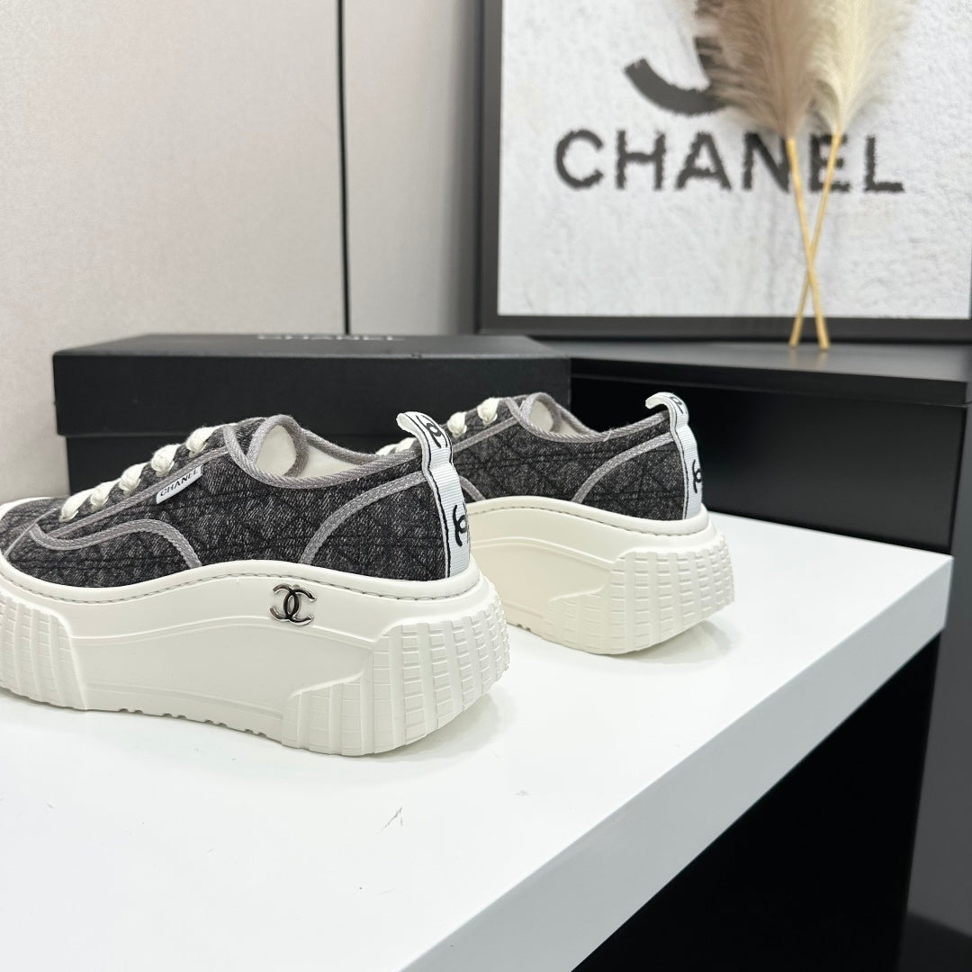 CHANEL 26S CHUNKY SNEAKERS IN GREY DIAMOND-PATTERNED WOVEN FABRIC