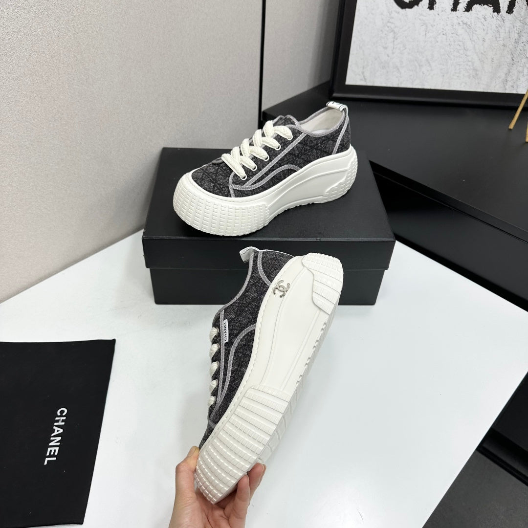CHANEL 26S CHUNKY SNEAKERS IN GREY DIAMOND-PATTERNED WOVEN FABRIC