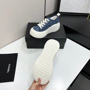 CHANEL 26S CHUNKY SNEAKERS IN NAVY BLUE CHECKERED WOVEN FABRIC
