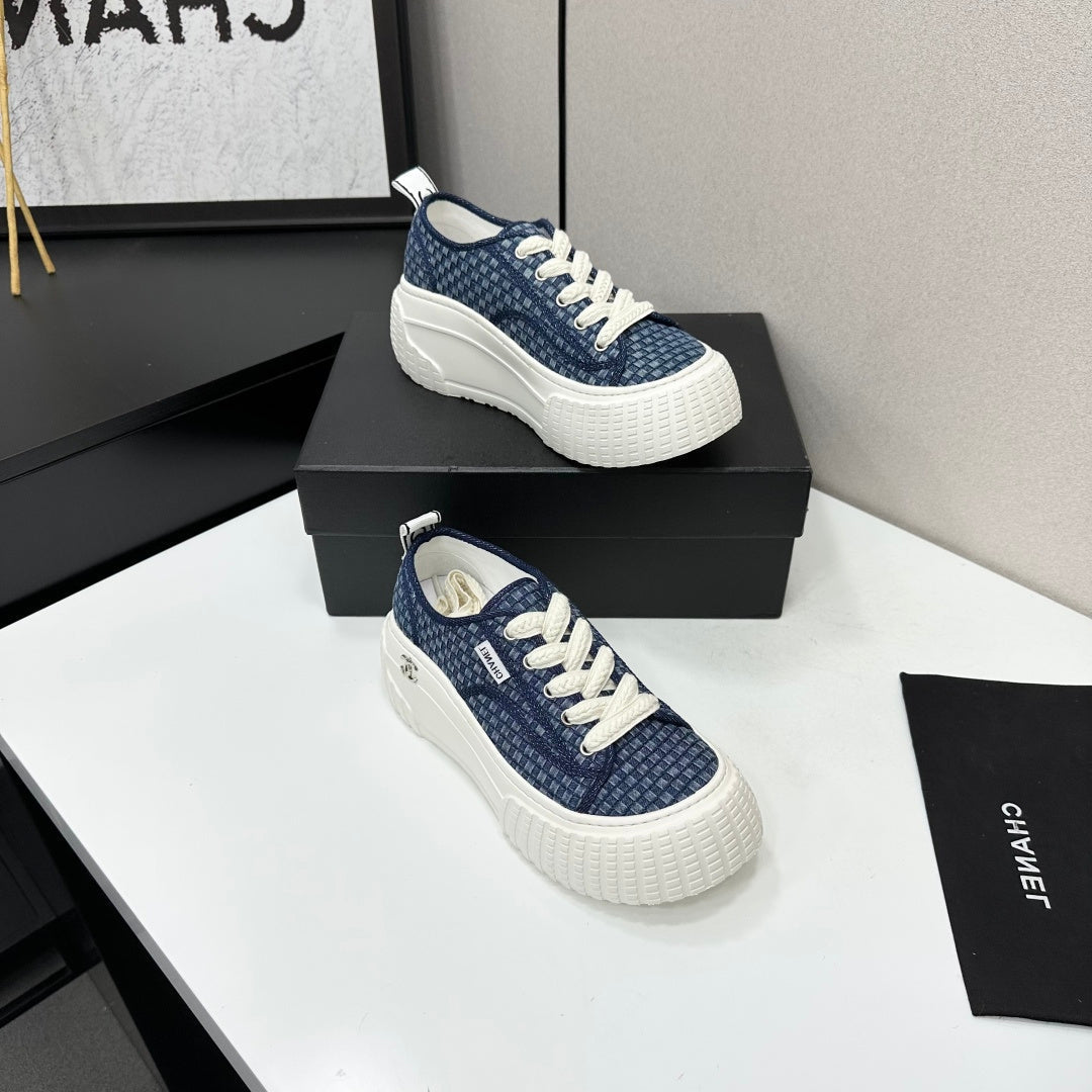 CHANEL 26S CHUNKY SNEAKERS IN NAVY BLUE CHECKERED WOVEN FABRIC