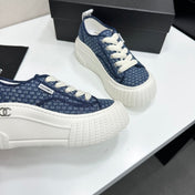 CHANEL 26S CHUNKY SNEAKERS IN NAVY BLUE CHECKERED WOVEN FABRIC