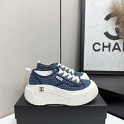 CHANEL 26S CHUNKY SNEAKERS IN NAVY BLUE CHECKERED WOVEN FABRIC