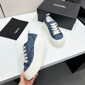 CHANEL 26S CHUNKY SNEAKERS IN NAVY BLUE CHECKERED WOVEN FABRIC