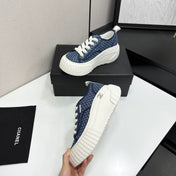 CHANEL 26S CHUNKY SNEAKERS IN NAVY BLUE CHECKERED WOVEN FABRIC