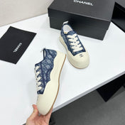 CHANEL 26S CHUNKY SNEAKERS IN NAVY BLUE DIAMOND-PATTERNED WOVEN FABRIC