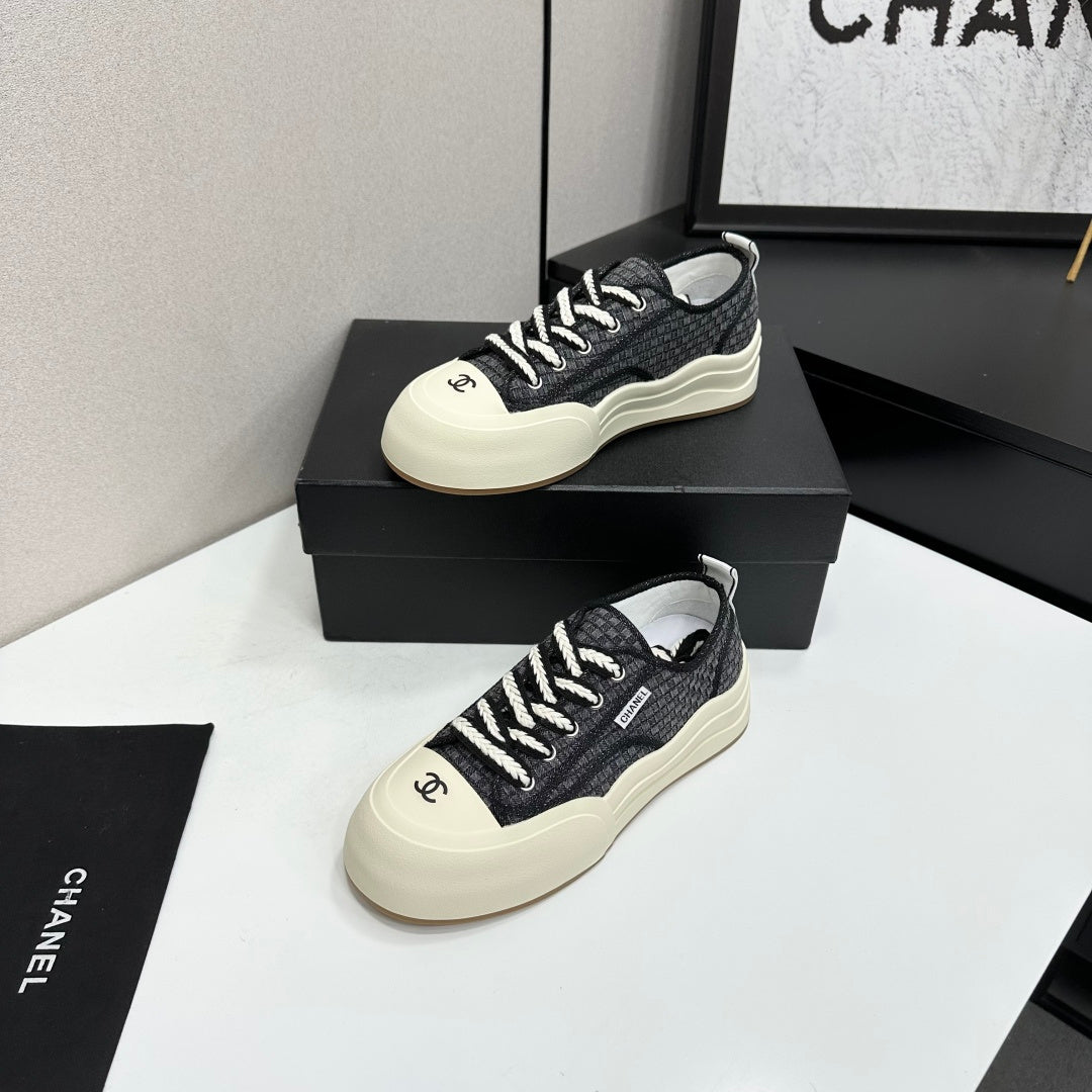 CHANEL 26S PLATFORM SNEAKERS IN BLACK CHECKERED WOVEN FABRIC