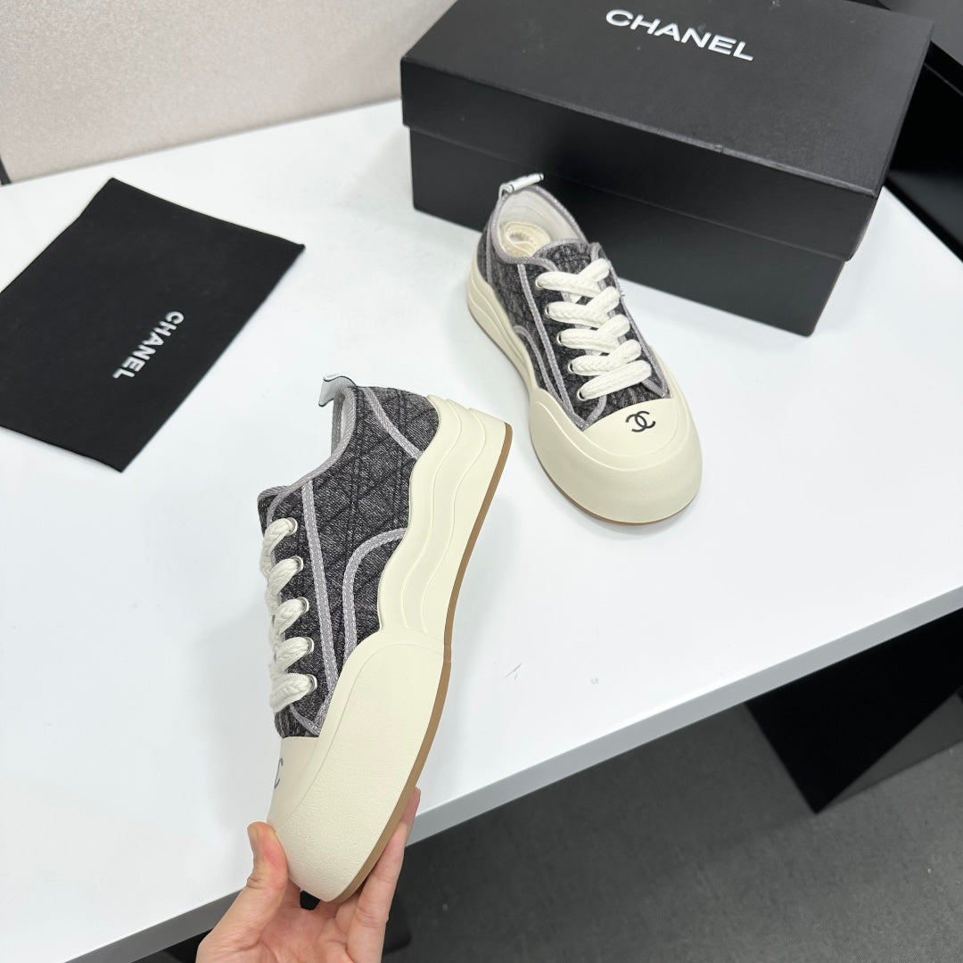 CHANEL 26S PLATFORM SNEAKERS IN GREY CHECKERED WOVEN DENIM FABRIC