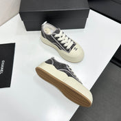 CHANEL 26S PLATFORM SNEAKERS IN GREY CHECKERED WOVEN DENIM FABRIC