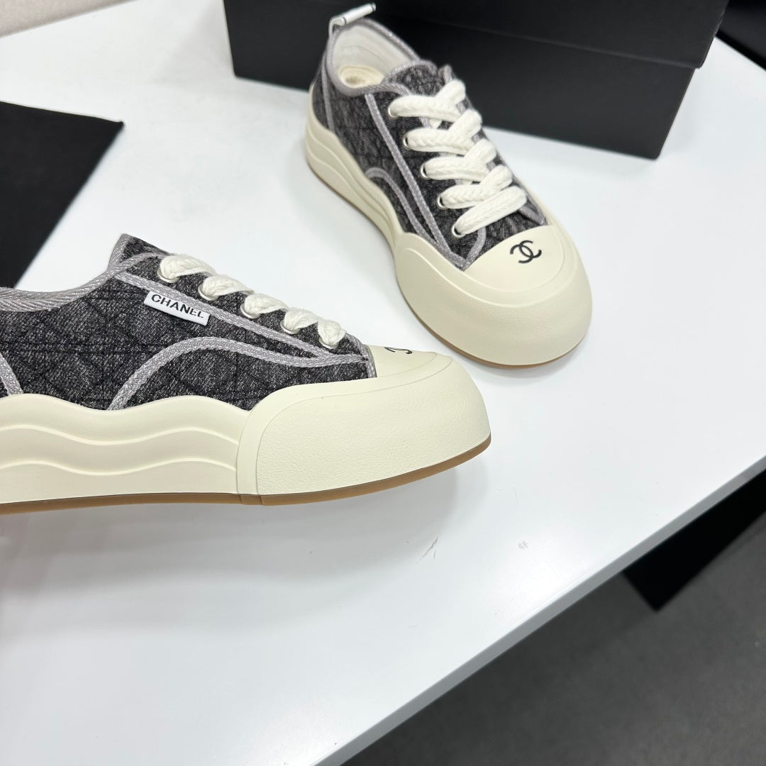 CHANEL 26S PLATFORM SNEAKERS IN GREY CHECKERED WOVEN DENIM FABRIC