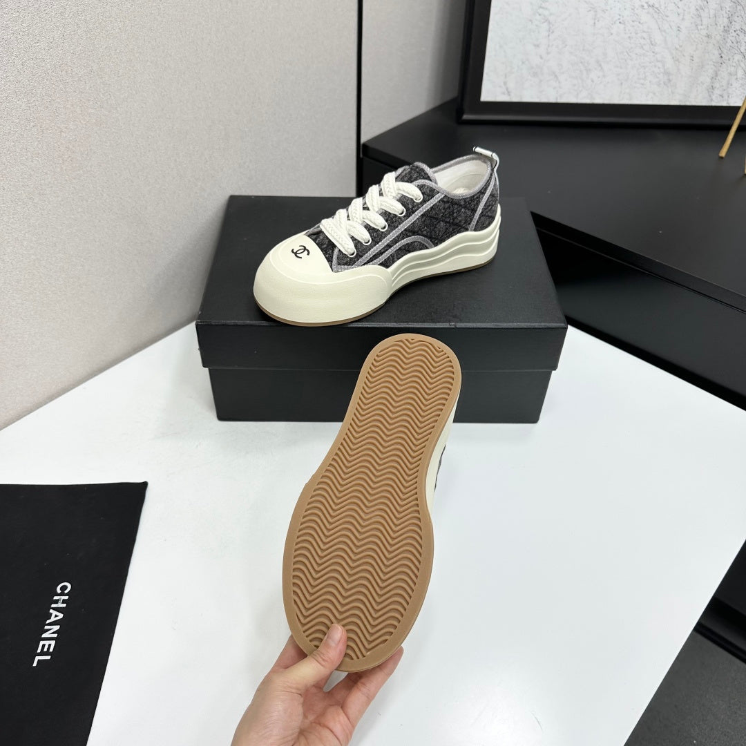 CHANEL 26S PLATFORM SNEAKERS IN GREY CHECKERED WOVEN DENIM FABRIC