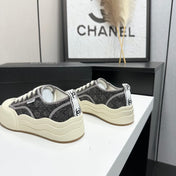 CHANEL 26S PLATFORM SNEAKERS IN GREY CHECKERED WOVEN DENIM FABRIC