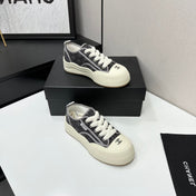CHANEL 26S PLATFORM SNEAKERS IN GREY CHECKERED WOVEN DENIM FABRIC