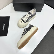 CHANEL 26S PLATFORM SNEAKERS IN GREY CHECKERED WOVEN DENIM FABRIC