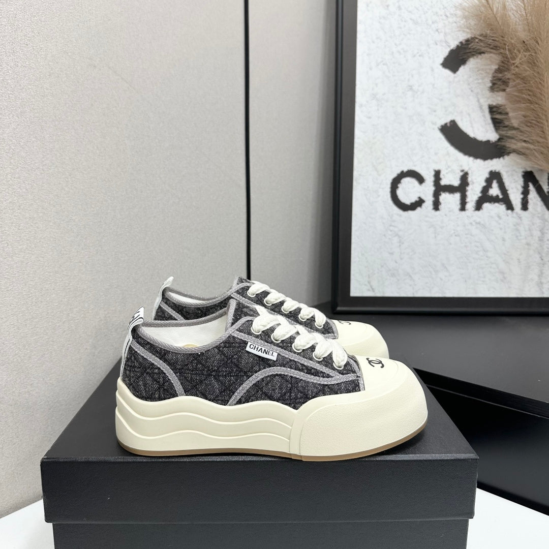 CHANEL 26S PLATFORM SNEAKERS IN GREY CHECKERED WOVEN DENIM FABRIC