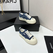 CHANEL 26S PLATFORM SNEAKERS IN NAVY BLUE CHECKERED WOVEN DENIM FABRIC