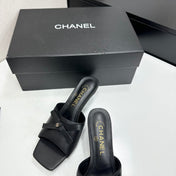 CHANEL 26S HIGH HEEL MULE SANDALS 50 MM IN BLACK LAMBSKIN WITH BOW DETAIL