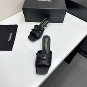 CHANEL 26S HIGH HEEL MULE SANDALS 50 MM IN BLACK LAMBSKIN WITH BOW DETAIL