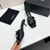 CHANEL 26S HIGH HEEL MULE SANDALS 50 MM IN BLACK LAMBSKIN WITH BOW DETAIL