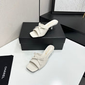 CHANEL 26S HIGH HEEL MULE SANDALS 50 MM IN WHITE LAMBSKIN WITH BOW DETAIL