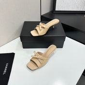 CHANEL 26S HIGH HEEL MULE SANDALS 50 MM IN BEIGE LAMBSKIN WITH BOW DETAIL