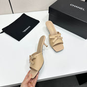 CHANEL 26S HIGH HEEL MULE SANDALS 50 MM IN BEIGE LAMBSKIN WITH BOW DETAIL