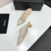 CHANEL 26S HIGH HEELS MULES 35 MM IN BEIGE MESH