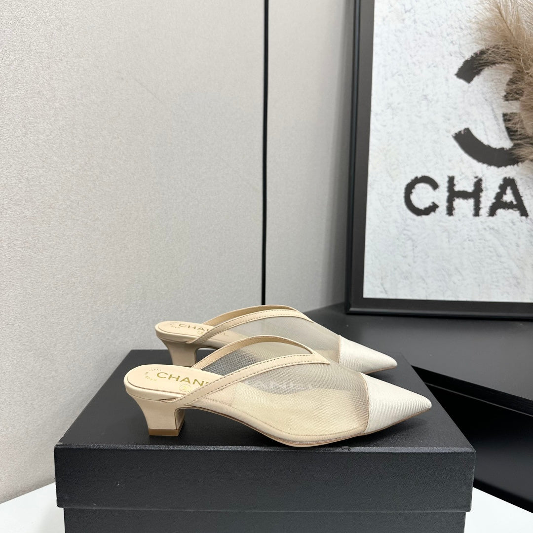 CHANEL 26S HIGH HEELS MULES 35 MM IN BEIGE MESH