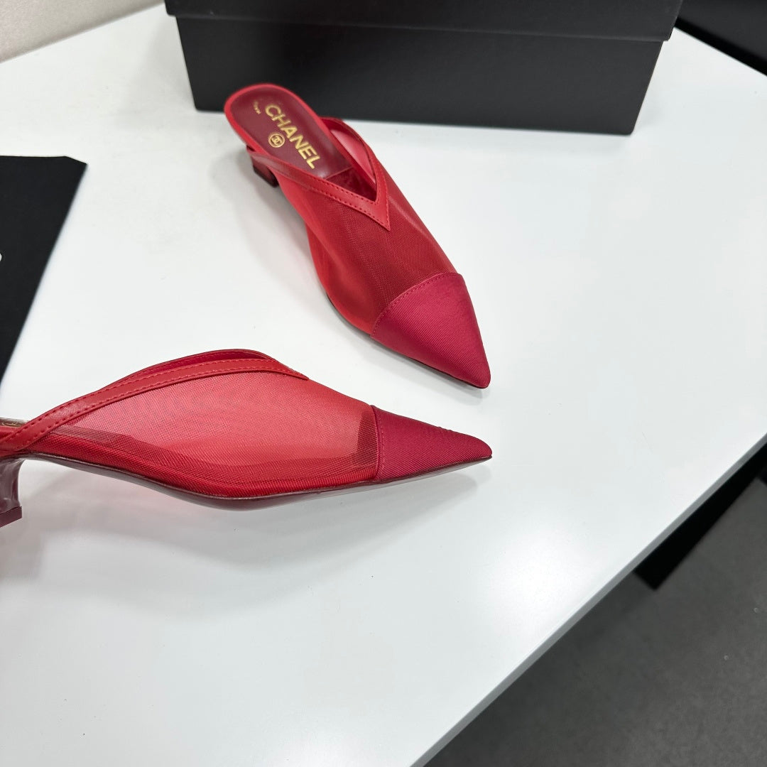 CHANEL 26S HIGH HEELS MULES 35 MM IN RED MESH