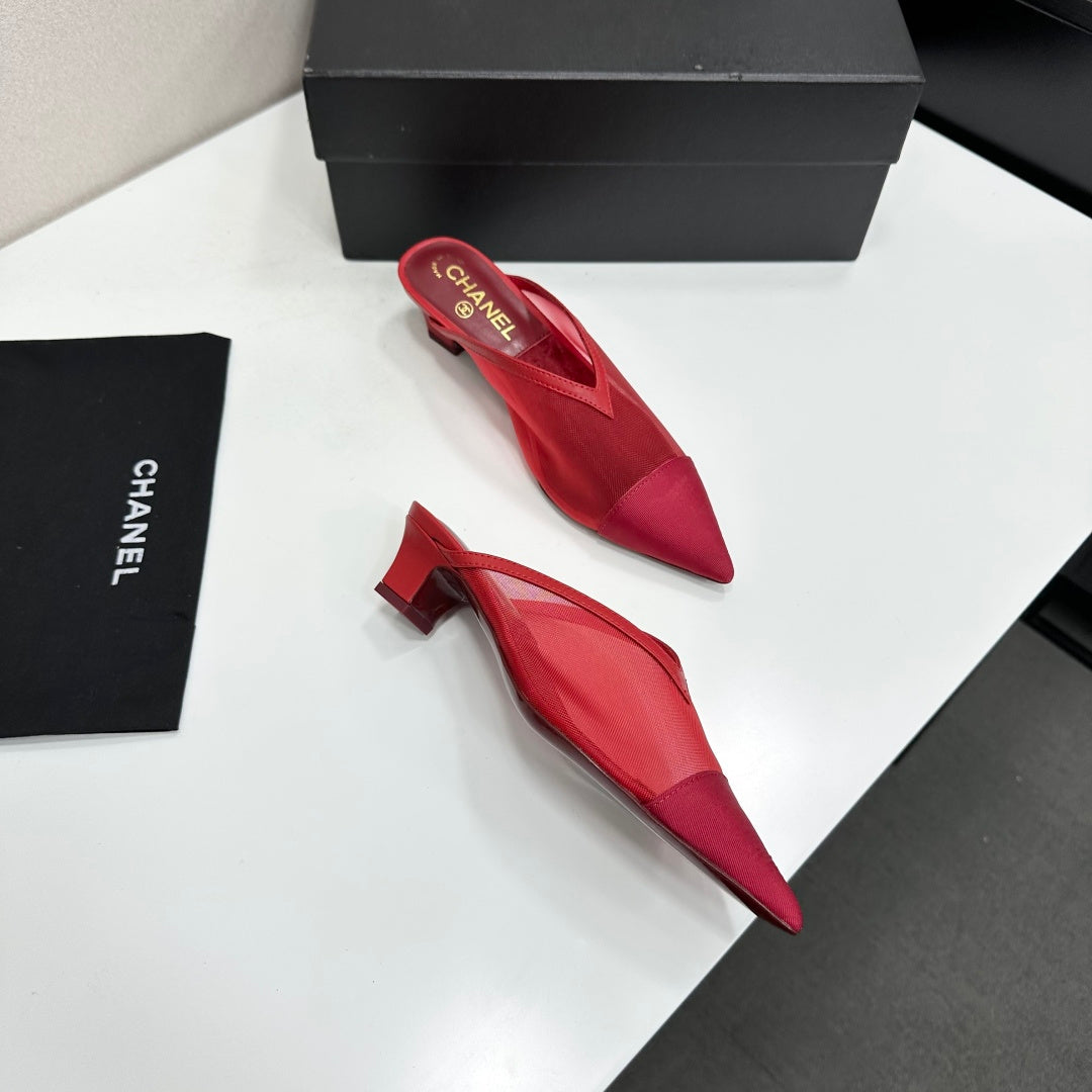 CHANEL 26S HIGH HEELS MULES 35 MM IN RED MESH