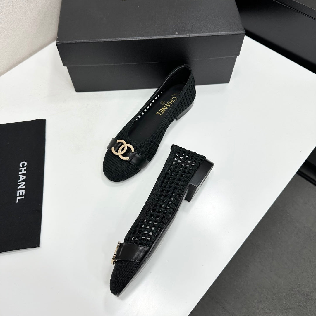 CHANEL 26S TOE FLATS IN BLACK MESH FABRIC