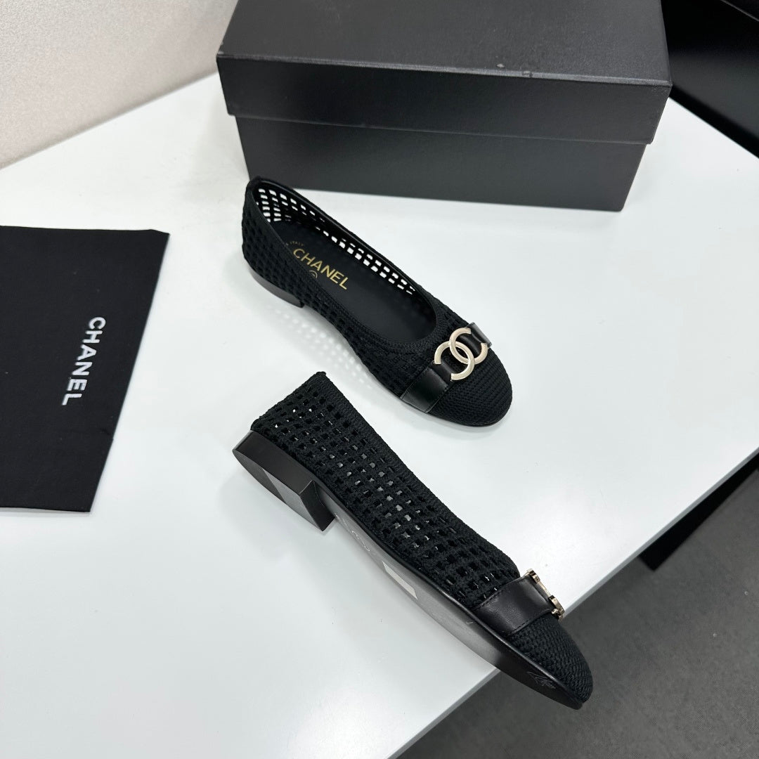 CHANEL 26S TOE FLATS IN BLACK MESH FABRIC
